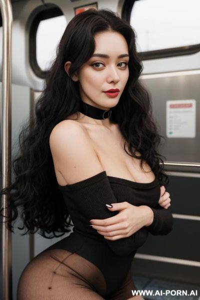 Woman woman, long black hair, naked but knee high socks, choker, hands tied, kneeling, semen on face, out of breath, public train, ahegao - ai-porn.ai on pornintellect.com