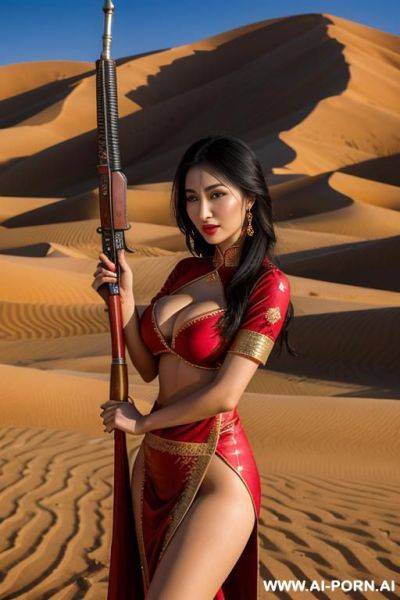 Beautiful uighur woman shows off her breasts and beautiful erect nipples in the middle of the desert.red uighur costume, holding​ weapon, sexy​ pose, random​ - ai-porn.ai on pornintellect.com