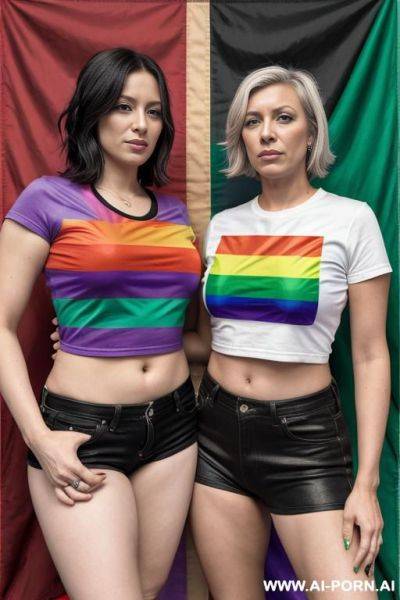 Two lesbians, (((pride flag))) shirt - ai-porn.ai on pornintellect.com