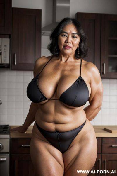 Very old woman, wrinkles, old skin, strict woman, brutal woman, strong arms, muscular arms, huge boobs, standing, spreading legs, showing very hairy pussy - ai-porn.ai on pornintellect.com