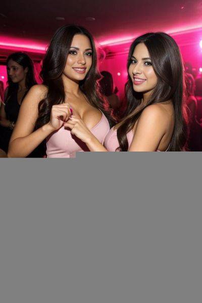 Busty latina brunette, long hair, smiling, wearing a pink dress, dancing with her blonde friend, wearing high heels, at a club - ai-porn.ai on pornintellect.com