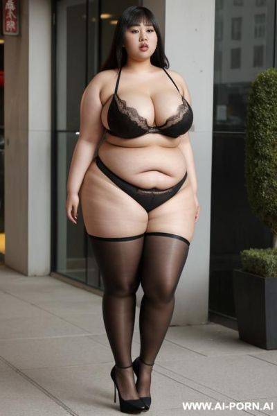 Two super obese asians with big tits in closely beautifull dresses look seductive to viewer with leggins perfect in high heels - ai-porn.ai on pornintellect.com