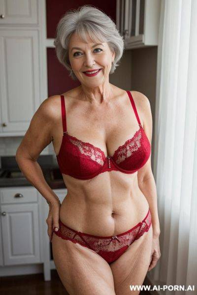 Full body, standing, 5 year old grandmother, short gray hair, big green eyes, smiling, clearly visible age marks, wearing lace panties and red bra - ai-porn.ai on pornintellect.com