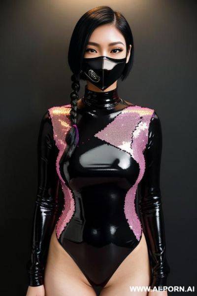 Black and neon pink, latex longsleeve part sequin leotard, facemask, full body view - ai-porn.ai on pornintellect.com