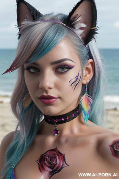 Face, sexy, beautiful, ((evil woman)), ((face painting)), ((body painting)), ((bikini as seashell)), ((fantasy bikini)), ((roses)), ((eyes shw)), ((angel wings)), ((choker)), ((rainbow hair)), (( makeup)), - ai-porn.ai on pornintellect.com