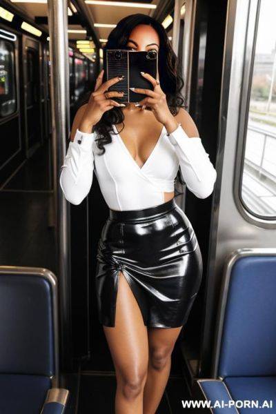 Black african woman, athletic body, natural breasts, firm ass, black curly hair, in a swingers club, dressed in a black skirt, a black bodysuit with transparencies, hold-ups, high heels. - ai-porn.ai on pornintellect.com