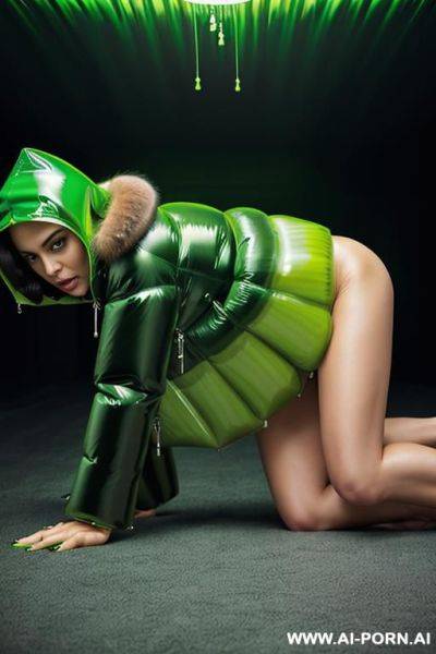 (((very thick green glossy puffer coat with fur hood))) - ai-porn.ai on pornintellect.com