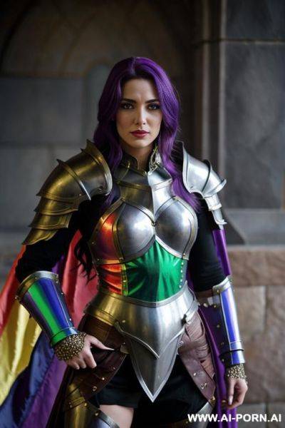 Fantasy setting, wearing armor in (((pride colors))) - ai-porn.ai on pornintellect.com