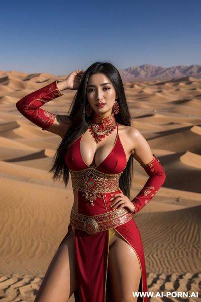 Beautiful uighur woman shows off her breasts and beautiful erect nipples in the middle of the desert.red uighur costume, holding​ blade​, sexy​ pose, random, wearing​ amulets, show​ boobs​ - ai-porn.ai on pornintellect.com