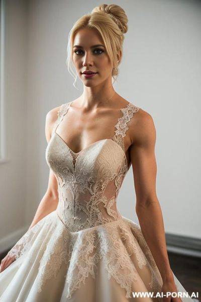 Bride ((fit physique)) wearing a beautiful lace wedding dress ((muscles visible under dress)) ((male pov, women only visible from naval up)) - ai-porn.ai on pornintellect.com