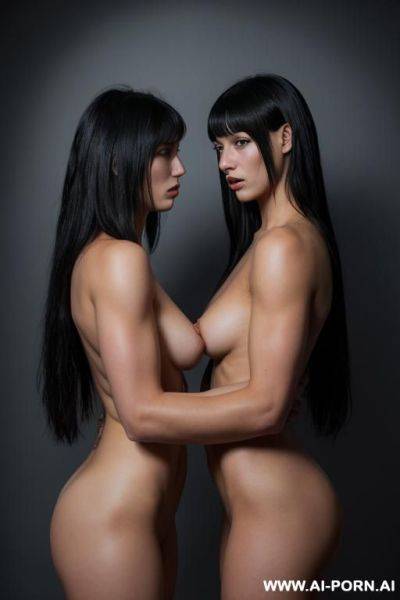 Two naked women in an erotic wrestling, with ring background - ai-porn.ai on pornintellect.com