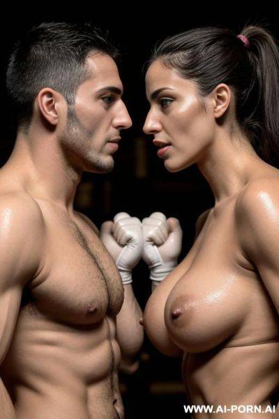 Sexy woman portuguese 20 years old nude shave vagina boxing gloves gym woman busty breasts muscular body fit thighs, face to face, ugly 30 years old man, side view - ai-porn.ai - Portugal on pornintellect.com