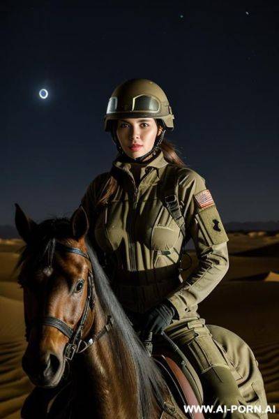 Military jumpsuit, riding mare in the dark desert at night, military helmet, military gear - ai-porn.ai on pornintellect.com
