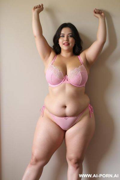 Chubby woman, full body, standing, wearing pink bra, legs open, yellow thong, hands up, risort - ai-porn.ai on pornintellect.com