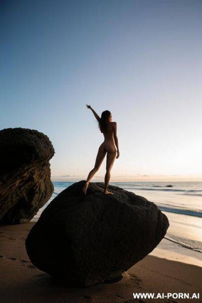 Beach, night, totally naked, barefoot, stand on boulder, spread wide, low angle shot - ai-porn.ai on pornintellect.com