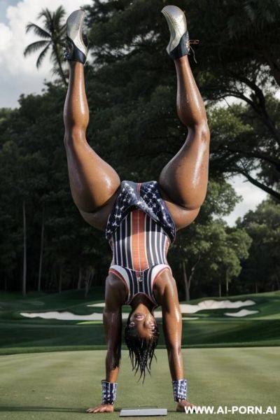 Ebony wet damaged thick woman, naked wet naturally wet body and thighs. doing a scorpion up-side-down handstand, a handstand with arched back and legs. - ai-porn.ai on pornintellect.com