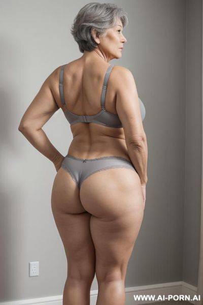 Back view, 5-year-old grandmother, short gray hair, very visible age marks, full body, standing, large natural breasts, triangle hips, thick thighs, wide legs, hands on hips, wearing gray thong and bra - ai-porn.ai on pornintellect.com