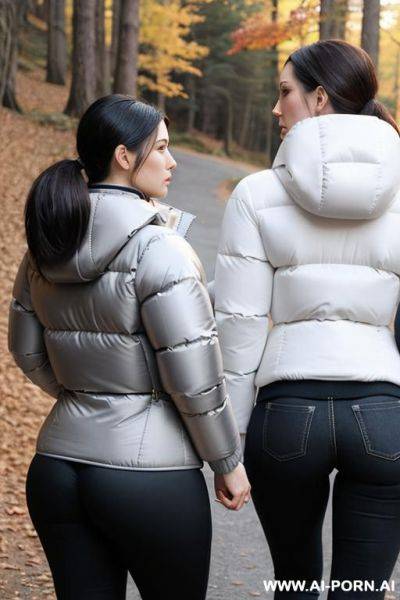 Suburban moms, hiking, ((wearing thick puffer jackets)) - ai-porn.ai on pornintellect.com