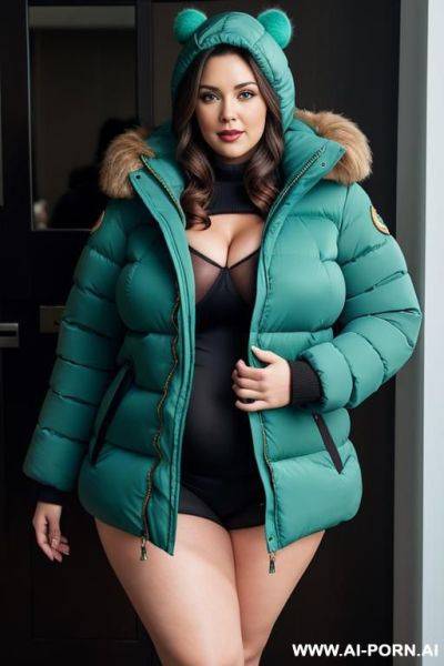 Chubby woman, dark brown hair, full body, standing, breasts, triangle hips, thick thighs, legs open, hands on waist, wearing blue puffer jacket and green puffer coat with fur hood - ai-porn.ai on pornintellect.com