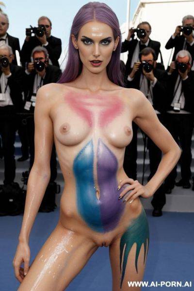 Tall super model, tall cutie, whole body covered with body paint, goddess of colours, goddess of paint, fantasy tall super model goddess, dripping paint from her body and from the background, - ai-porn.ai on pornintellect.com