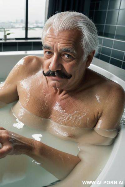 A french old man in his 0s with white hair, a moustache and blue eyes is taking a bath in a luxury bathtub in a hotel suite with a plump, dark-haired 20s vietnamese woman - ai-porn.ai - France - Vietnam on pornintellect.com