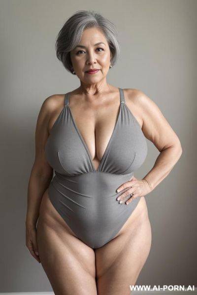 5-year-old grandmother, short gray hair, clearly visible age marks, full body, standing, large natural breasts, triangular hips, thick thighs, wide legs, hands on waist, wearing gray thong - ai-porn.ai on pornintellect.com