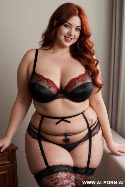 Full body photo shot, about a gaming player, fat bbw curvy woman, with few love handless and tummy, wearing a sexy and hot red lace stocking lingeries - ai-porn.ai on pornintellect.com