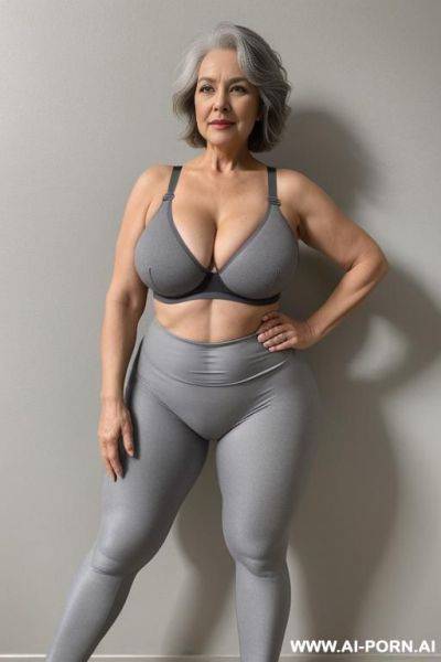 5-year-old grandmother, short gray hair, very visible age marks, full body, standing, large natural breasts, triangle hips, thick thighs, wide legs, hands on hips, wearing gray leggings and bra - ai-porn.ai on pornintellect.com