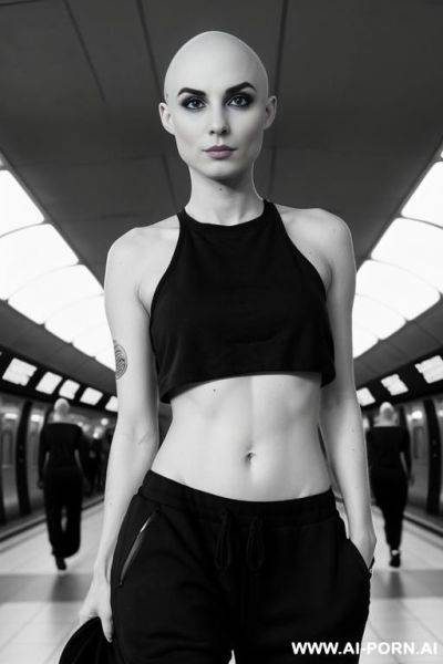 (((b&w))), (((bald))), (((round face))), (((black baggy sweatpants))), (((black eyeliner))), (((large eyes))), (((topless))) - ai-porn.ai on pornintellect.com