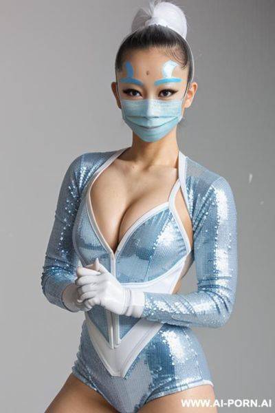 (((white and powder blue))) latex sleeve gymnast sequin, asian, mask - ai-porn.ai on pornintellect.com