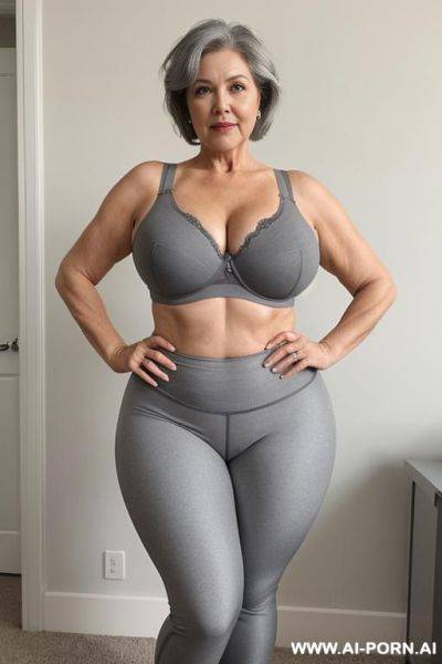 5 year old grandmother, short gray hair, very visible age marks, full body, standing, large natural breasts, triangle hips, thick thighs, wearing gray leggings and bra - ai-porn.ai on pornintellect.com