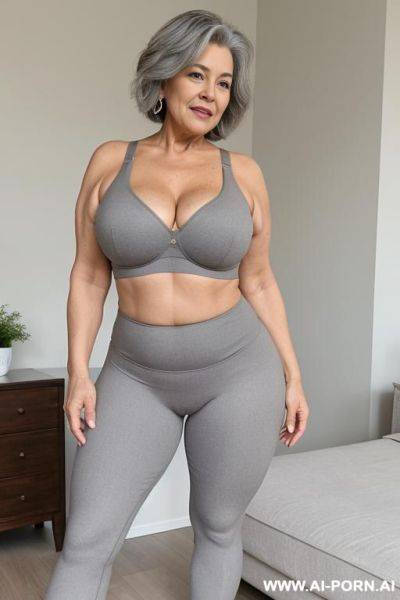 0 year old she-male grandmother, short gray hair, clearly visible age marks, full body, standing, legs open, large natural breasts, triangular hips, thick thighs, wearing leggings and gray bra - ai-porn.ai on pornintellect.com