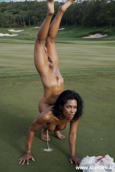 Ebony wet damaged thick woman, naked wet natural thighs and torn clothes, women doing handstand up-side-down, handstand push-ups up-side-down backflip full body naturally full body naturally - ai-porn.ai on pornintellect.com