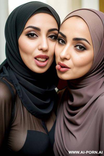 Arab woman wearing hijab is couvert in cum. she has a silly face. she is in public with her sister - ai-porn.ai on pornintellect.com