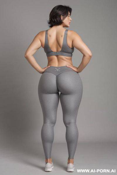 Back view, 5-year-old grandmother, short gray hair, very visible age marks, full body, standing, large natural breasts, triangle hips, thick thighs, wide legs, hands on hips, wearing gray leggings and bra, legs open - ai-porn.ai on pornintellect.com