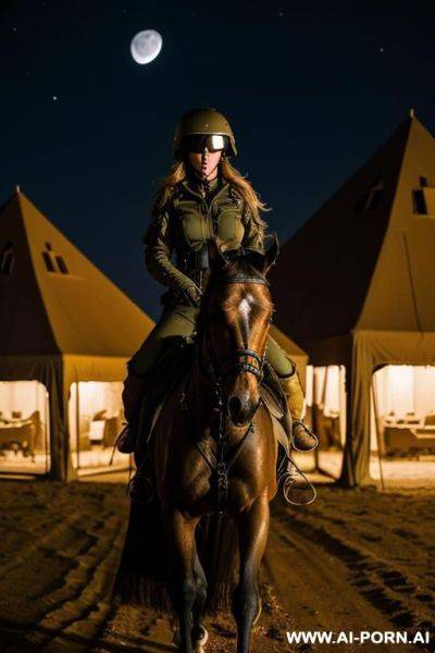 Military jumpsuit, riding mare in the dark desert at night, military helmet, military gear - ai-porn.ai on pornintellect.com