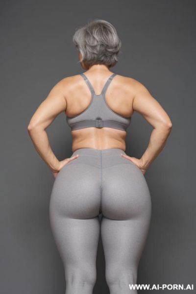 Back view, 5-year-old grandmother, short gray hair, very visible age marks, full body, standing, large natural breasts, triangle hips, thick thighs, wide legs, hands on hips, wearing gray leggings and bra - ai-porn.ai on pornintellect.com