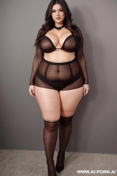 Chubby woman, dark brown hair, full body, standing, tits, triangle hips, thick thighs, legs open, hands on waist, rock outfit - ai-porn.ai on pornintellect.com