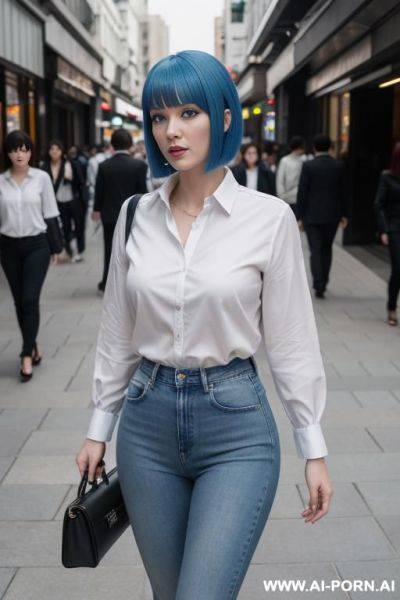 Full body view of a woman 20 years old adult woman, photorealism, ice-blue shiny eyes, red bob hairstyle with bangs, hd, ultra realistic detailed skin, realistic skin, high 4k, ultra-detailed, - ai-porn.ai on pornintellect.com