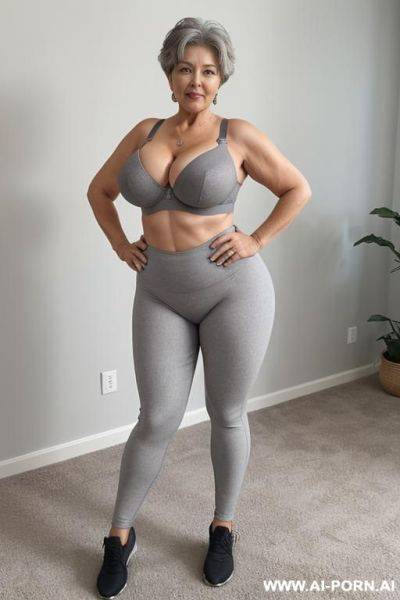 5-year-old grandmother, short gray hair, very visible age marks, full body, standing, large natural breasts, triangle hips, thick thighs, wide legs, hands on hips, wearing gray leggings and bra - ai-porn.ai on pornintellect.com