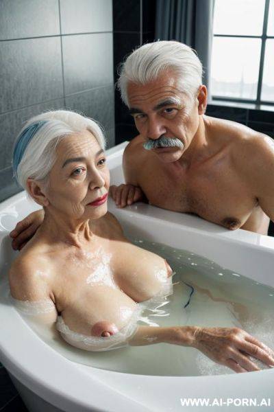 A french old man in his 0s with white hair, a moustache and blue eyes is taking a bath in a luxury bathtub in a hotel suite with a plump, dark-haired vietnamese woman and a russian woman. - ai-porn.ai - Russia - France - Vietnam on pornintellect.com