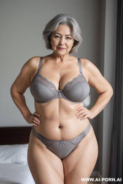 5-year-old grandmother, short gray hair, very visible age marks, full body, standing, large natural breasts, triangle hips, thick thighs, wide legs, hands on hips, wearing gray thong and bra - ai-porn.ai on pornintellect.com