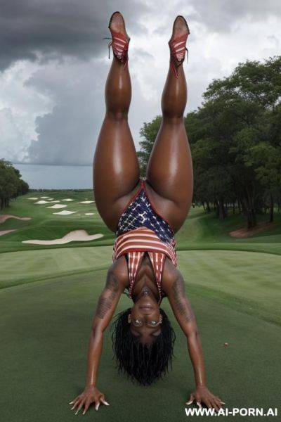 Ebony wet damaged thick woman, naked wet naturally wet body and thighs. doing a scorpion up-side-down handstand, a handstand with arched back and legs. - ai-porn.ai on pornintellect.com