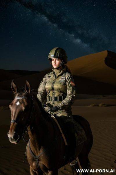 Military jumpsuit, riding mare in the dark desert at night, militar helmet, military gear - ai-porn.ai on pornintellect.com