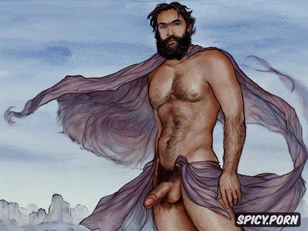 Artistic sketch of a big dicked bearded hairy man wearing a draped toga in the wind - spicy.porn on pornintellect.com