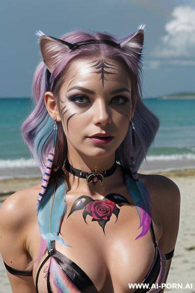 Face, sexy, beautiful, ((evil woman)), ((face painting)), ((body painting)), ((bikini as seashell)), ((fantasy bikini)), ((roses)), ((eyes shw)), ((angel wings)), ((choker)), ((rainbow hair)), (( makeup)), - ai-porn.ai on pornintellect.com