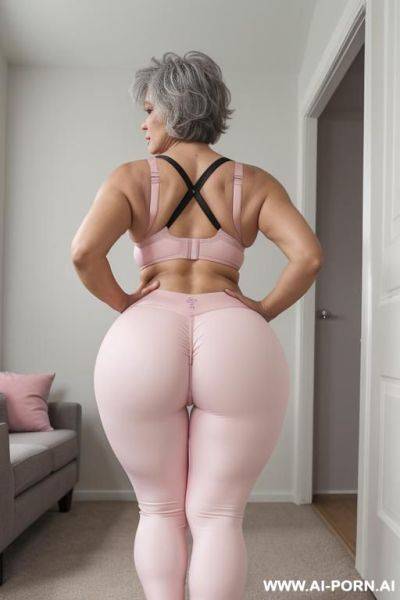 Rear view, 0-year-old grandmother, short gray hair, full body, standing, age marks clearly visible, big ass, big breasts, triangle hips, thick thighs, wearing pink leggings and bra, hands on waist - ai-porn.ai on pornintellect.com