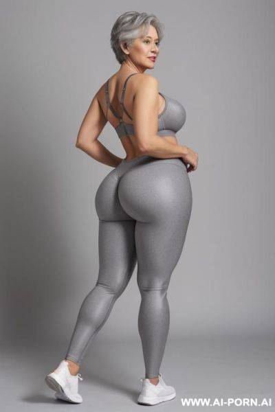 Rear view, 0-year-old grandmother, short gray hair, full body, standing, age marks clearly visible, big ass, big breasts, triangle hips, thick thighs, wearing gray leggings and bra - ai-porn.ai on pornintellect.com