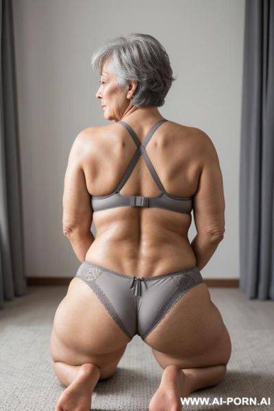 Back view, 0 year old grandmother, short gray hair, clearly visible age marks, full body, kneeling, legs open, large natural breasts, triangular hips, thick thighs, wearing gray thong and bra - ai-porn.ai on pornintellect.com