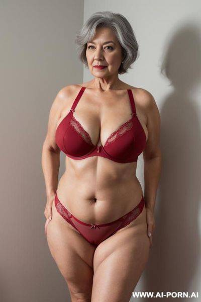 5-year-old grandmother, short gray hair, very visible age marks, full body, standing, large natural breasts, triangle hips, thick thighs, wide legs, hands on hips, wearing red thong and bra - ai-porn.ai on pornintellect.com